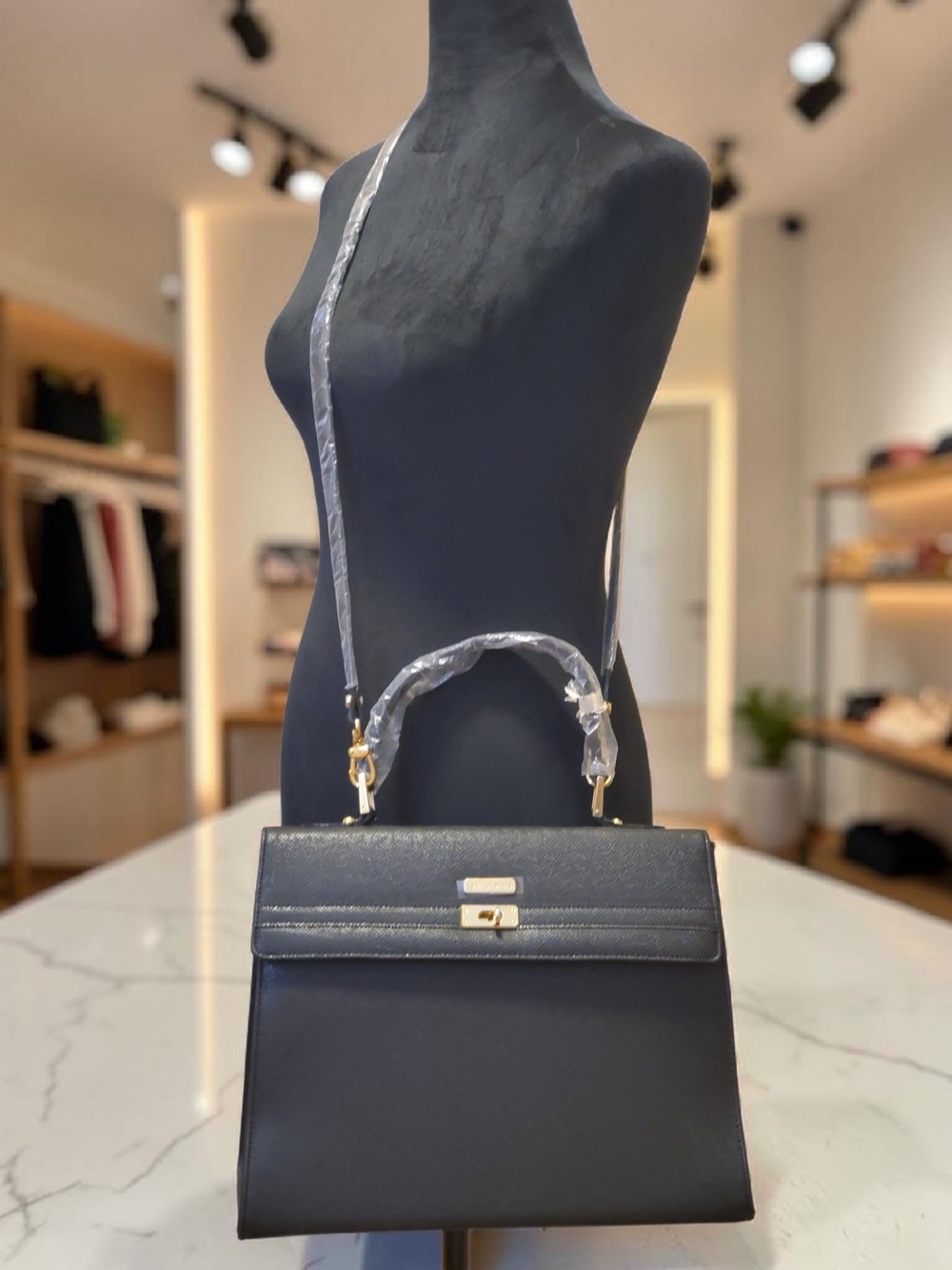 St. John Black Saffiano Leather Kelly Style Satchel Gold Hardware